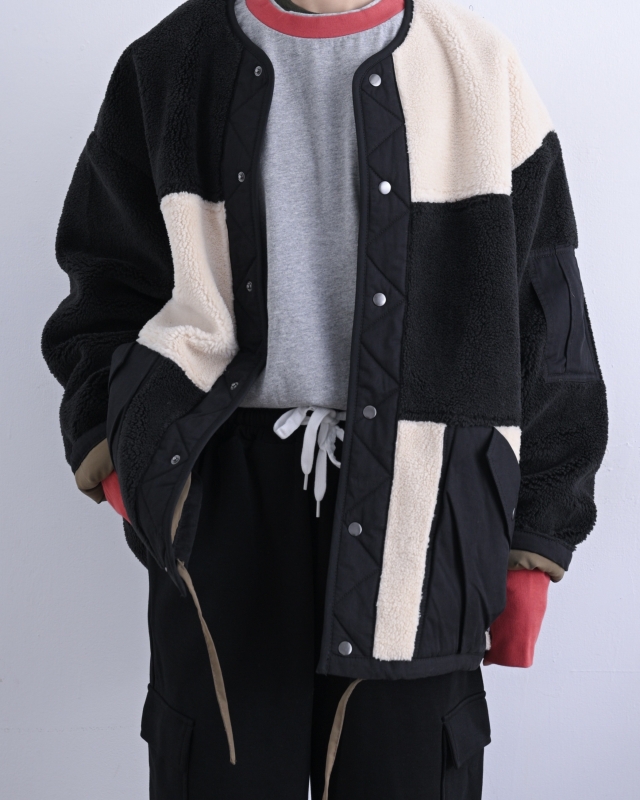 日本品牌 異素材小短毛拚色外套