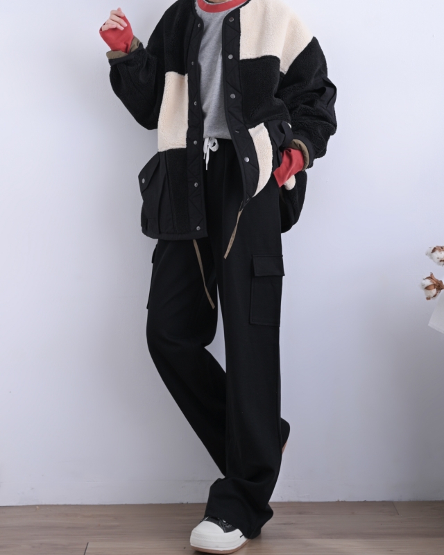 日本品牌 異素材小短毛拚色外套