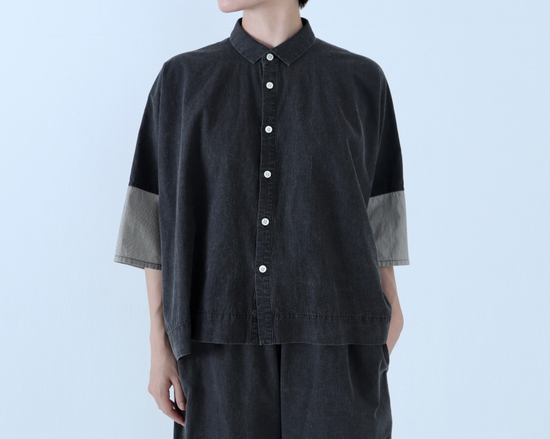 日本奶奶家 球磨染細條紋拚色短袖襯衫