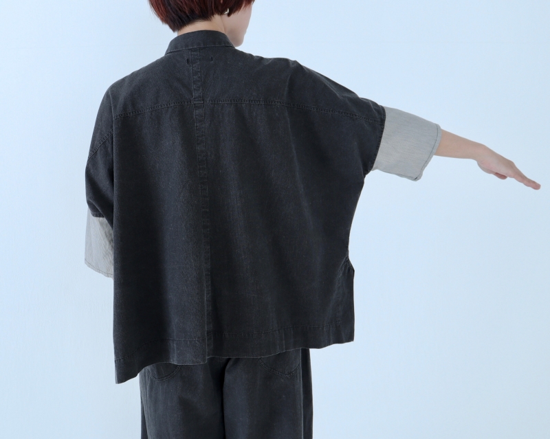 日本奶奶家 球磨染細條紋拚色短袖襯衫