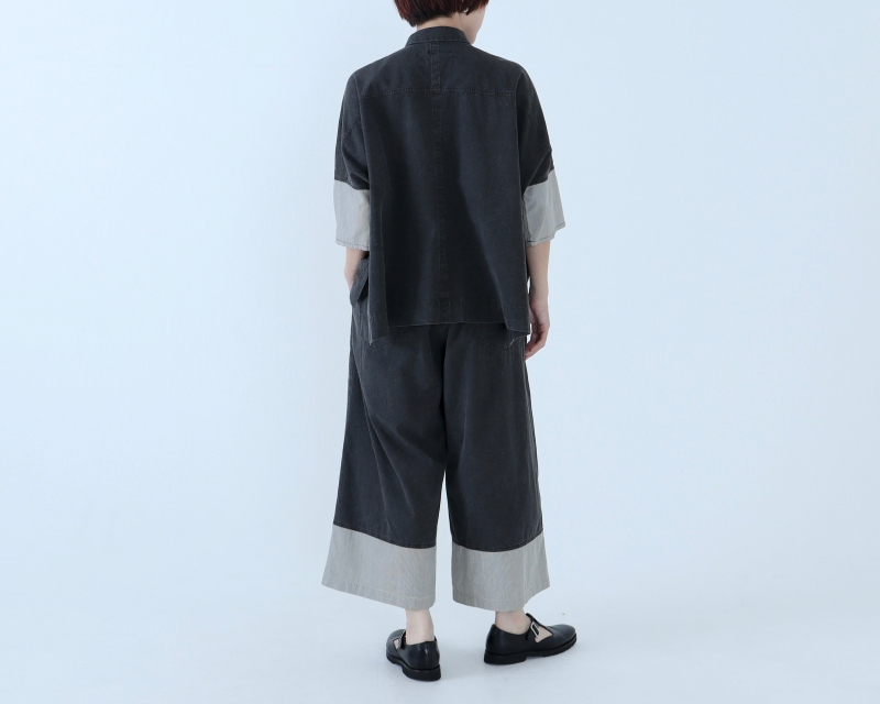 日本奶奶家 球磨染細條紋拚色短袖襯衫