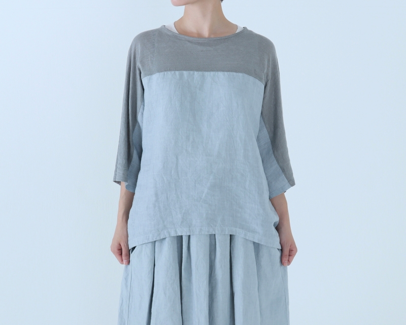 日本奶奶家 麻×愛爾蘭麻洗皺海豚袖拼接上衣 7色