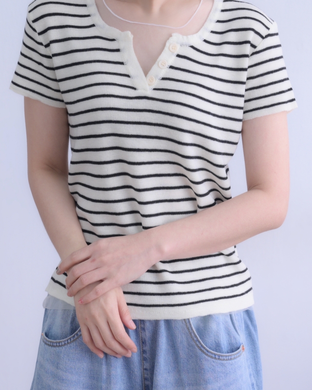 韓 領透膚條文上衣