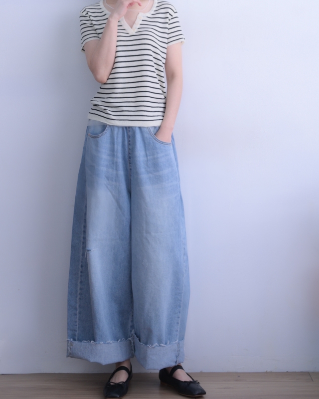 韓 領透膚條文上衣