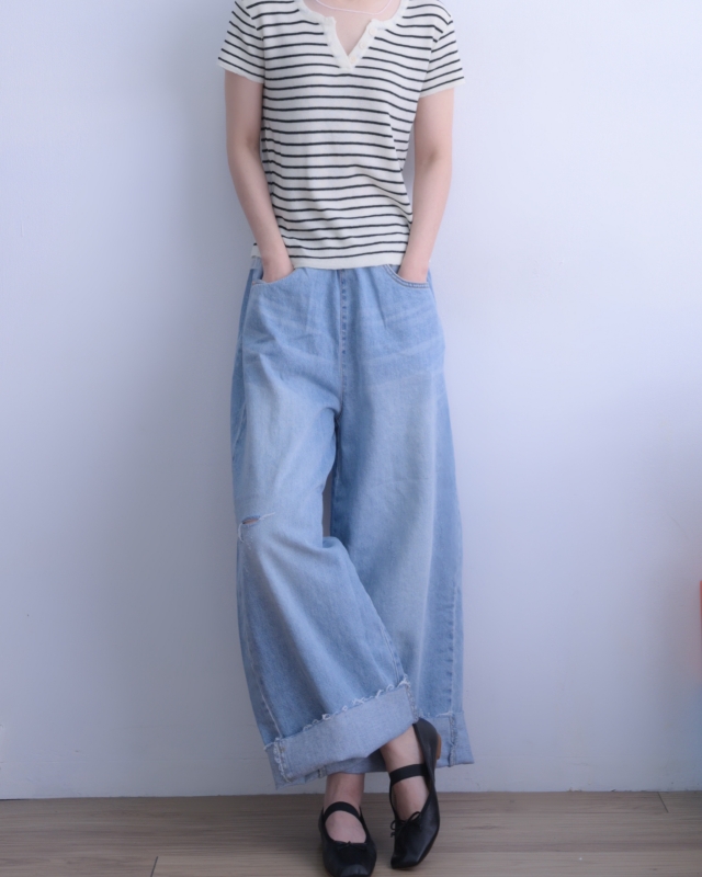 韓 領透膚條文上衣