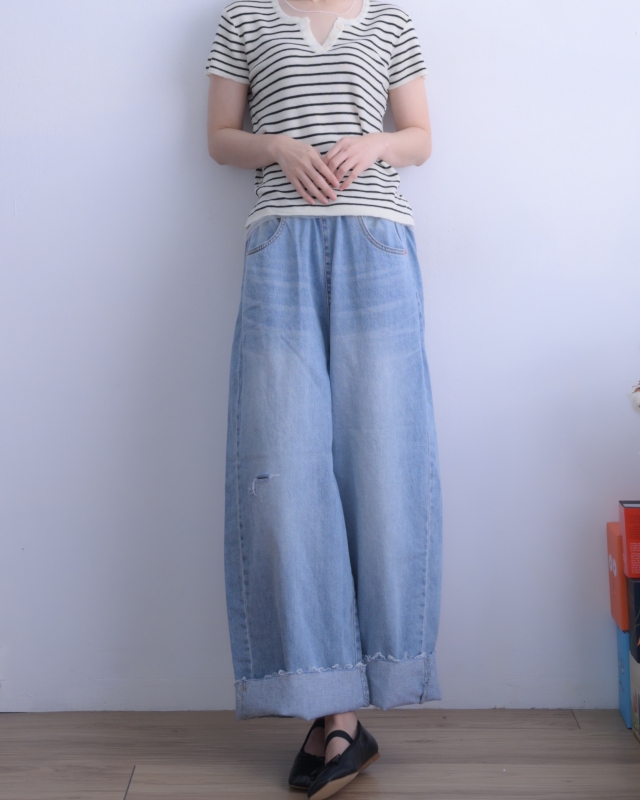 韓 領透膚條文上衣