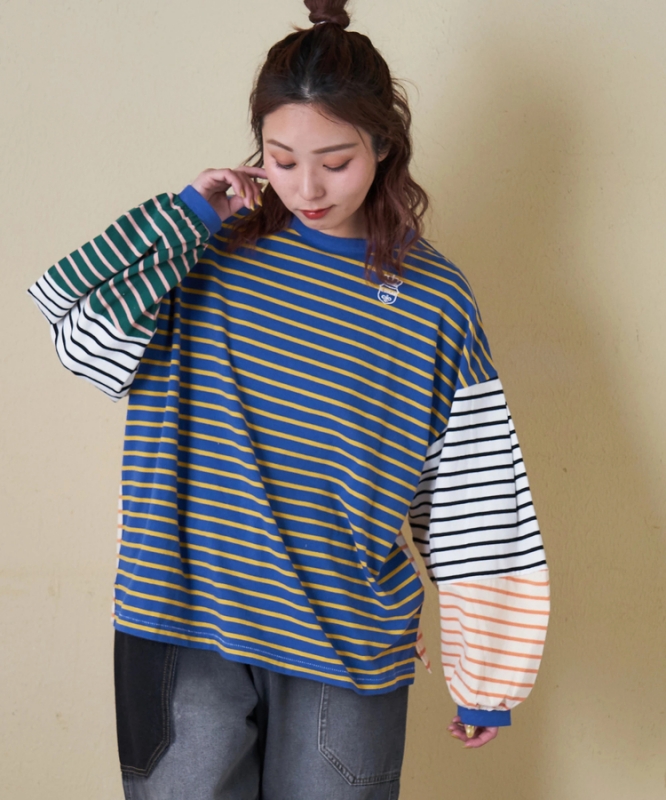 日本品牌 瘋狂拚條紋燈籠袖上衣