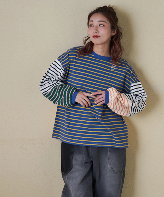日本品牌 瘋狂拚條紋燈籠袖上衣