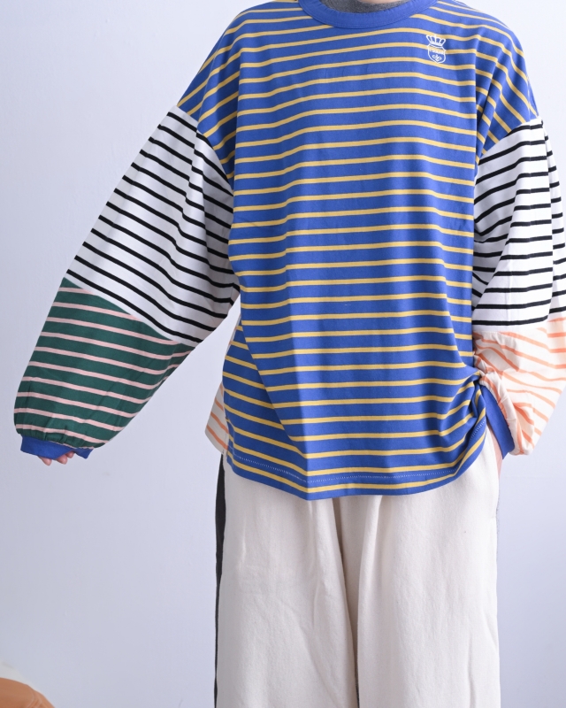 日本品牌 瘋狂拚條紋燈籠袖上衣