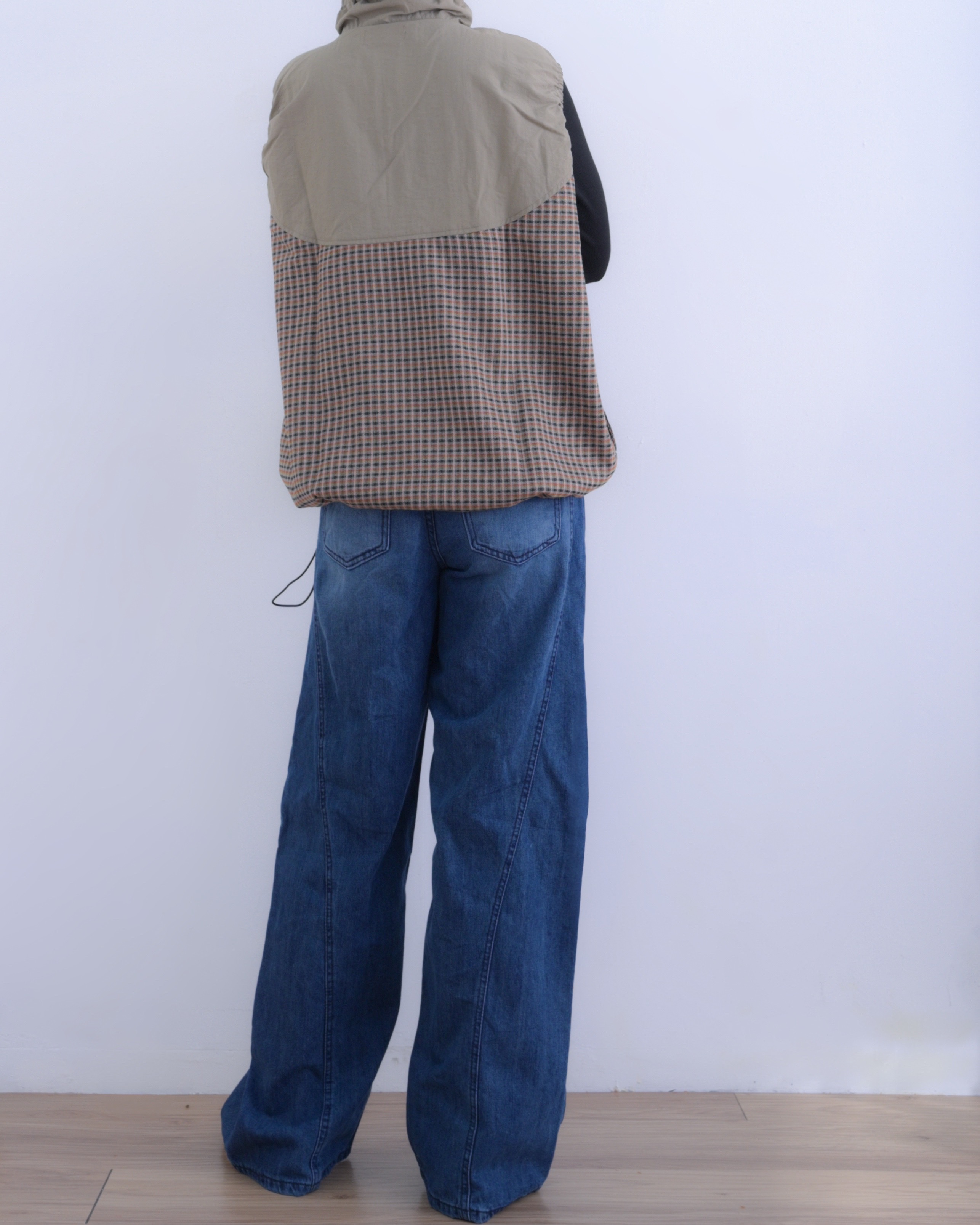 日本品牌 立領格紋拼接背心