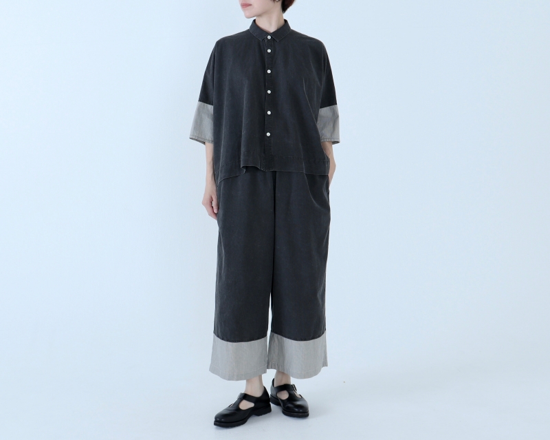 日本奶奶家 球磨染細條紋拚色寬褲