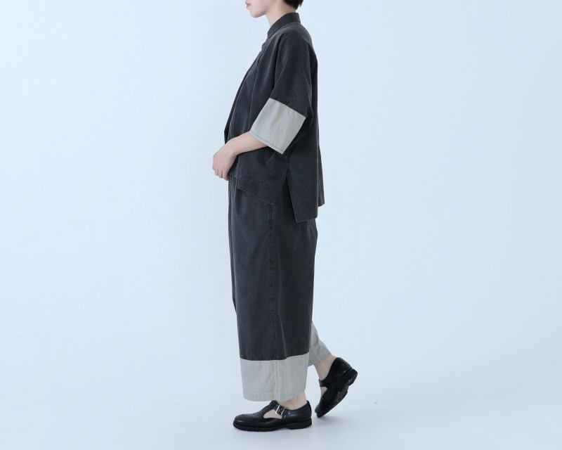 日本奶奶家 球磨染細條紋拚色寬褲