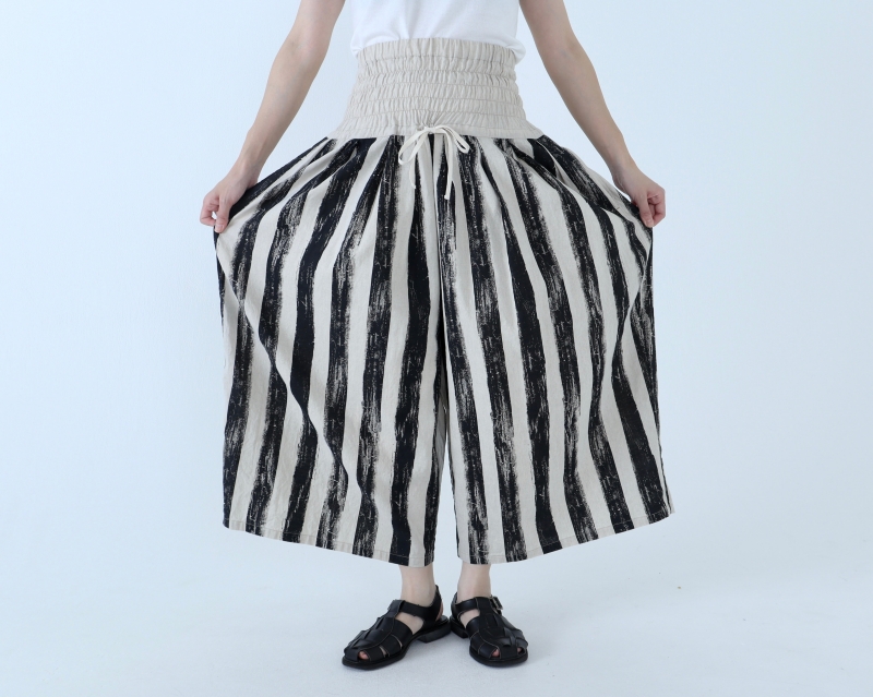 日本奶奶家 手繪條紋祕魯棉麻高腰縮摺寬褲