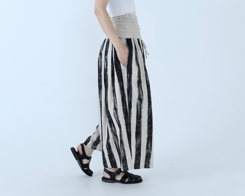 日本奶奶家 手繪條紋祕魯棉麻高腰縮摺寬褲