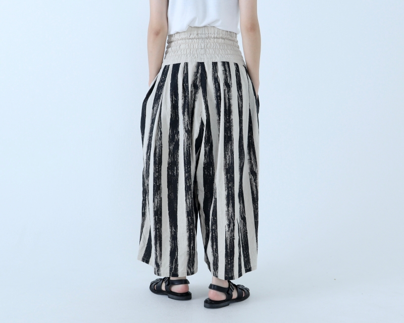 日本奶奶家 手繪條紋祕魯棉麻高腰縮摺寬褲