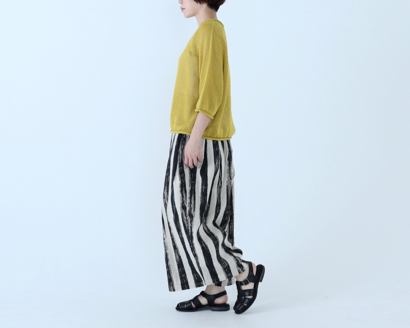 日本奶奶家 手繪條紋祕魯棉麻高腰縮摺寬褲