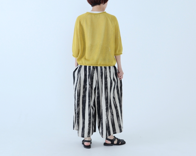 日本奶奶家 手繪條紋祕魯棉麻高腰縮摺寬褲