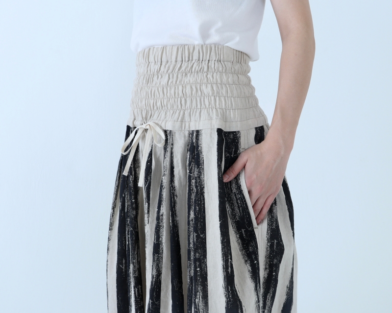 日本奶奶家 手繪條紋祕魯棉麻高腰縮摺寬褲