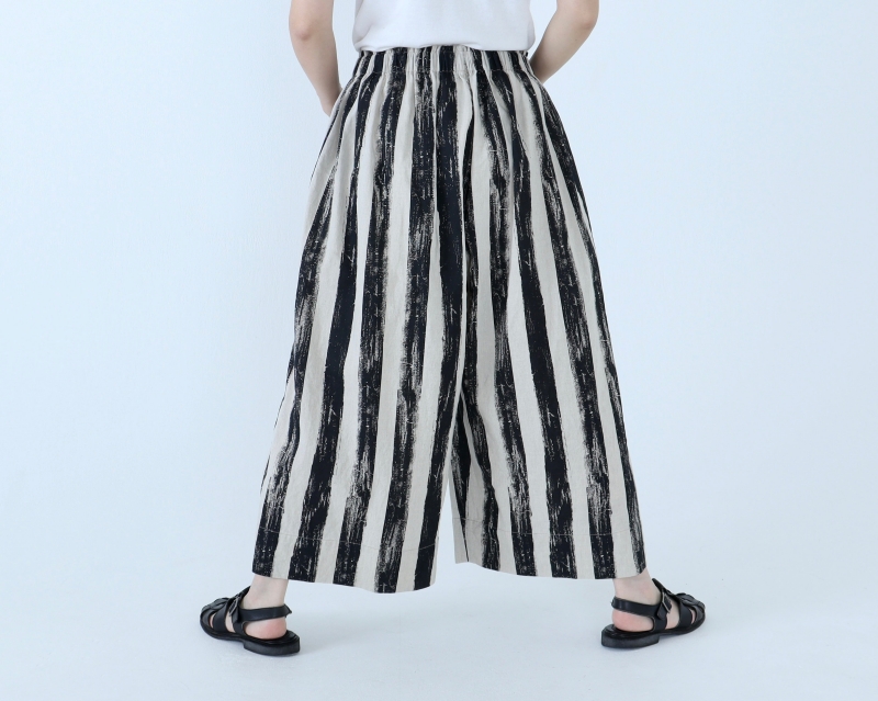 日本奶奶家 手繪條紋祕魯棉麻小寬褲