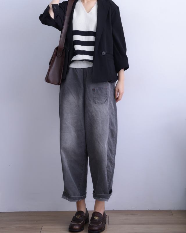 韓 黑色小口袋寬褲 size