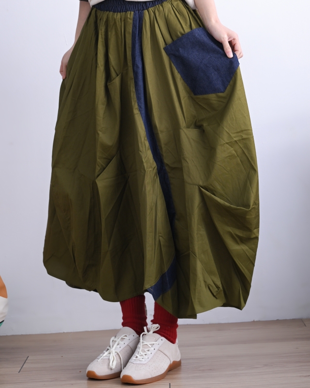 日本品牌 拚色牛仔燈籠裙 2色