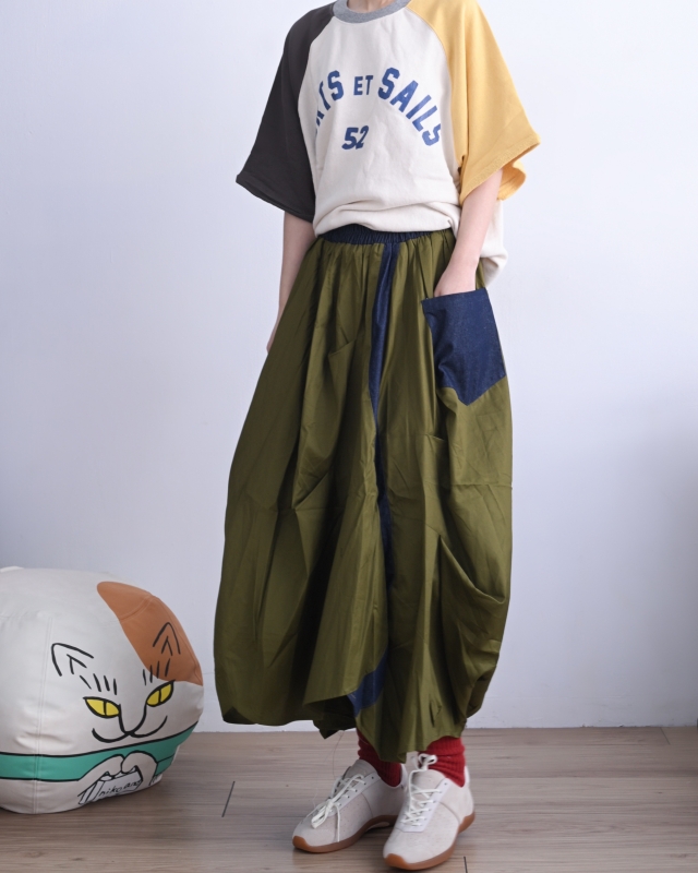 日本品牌 拚色牛仔燈籠裙 2色