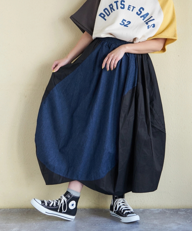 日本品牌 拚色牛仔燈籠裙 2色