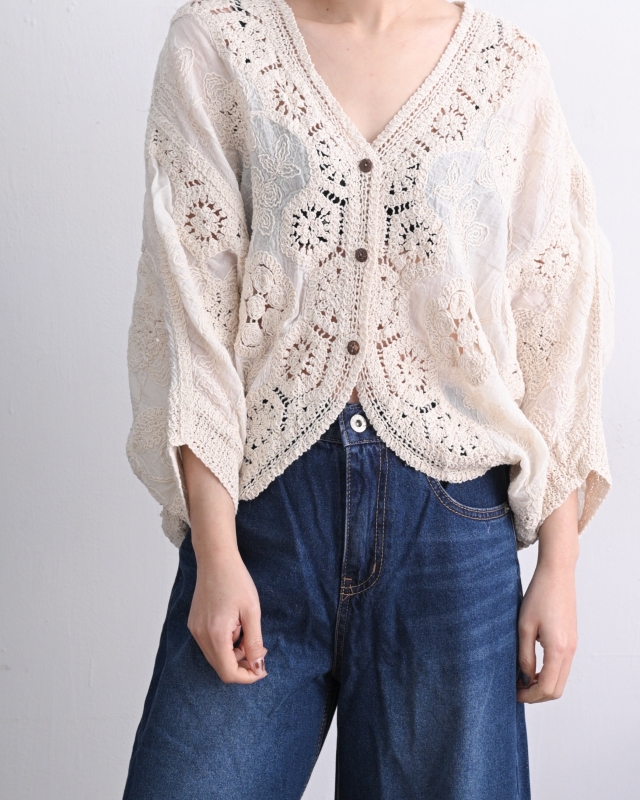 日本品牌 棉蕾絲V領開衫