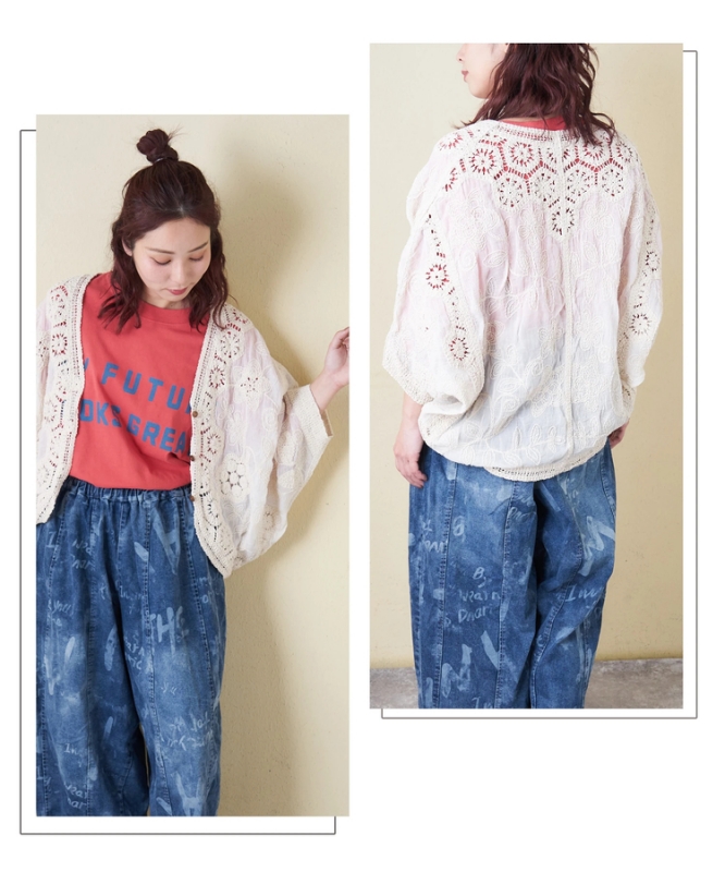 日本品牌 棉蕾絲V領開衫