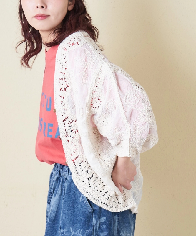 日本品牌 棉蕾絲V領開衫