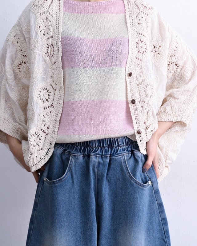 日本品牌 棉蕾絲V領開衫