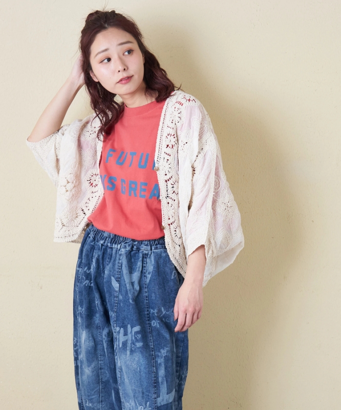 日本品牌 棉蕾絲V領開衫