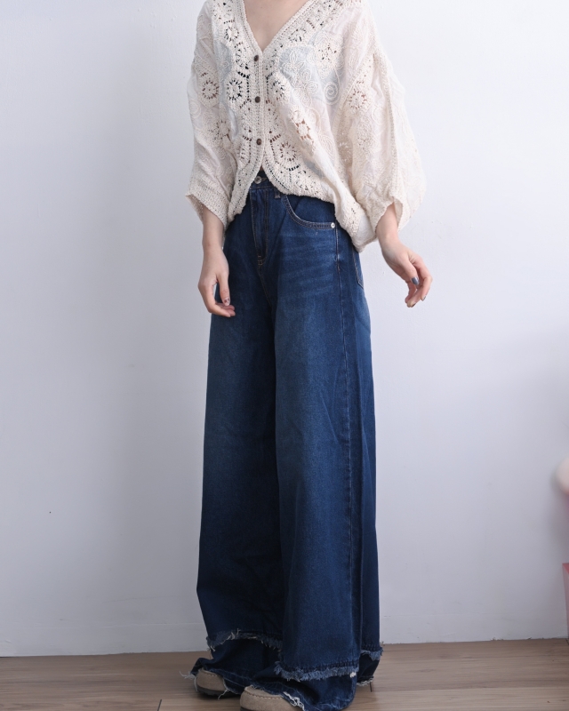 日本品牌 棉蕾絲V領開衫