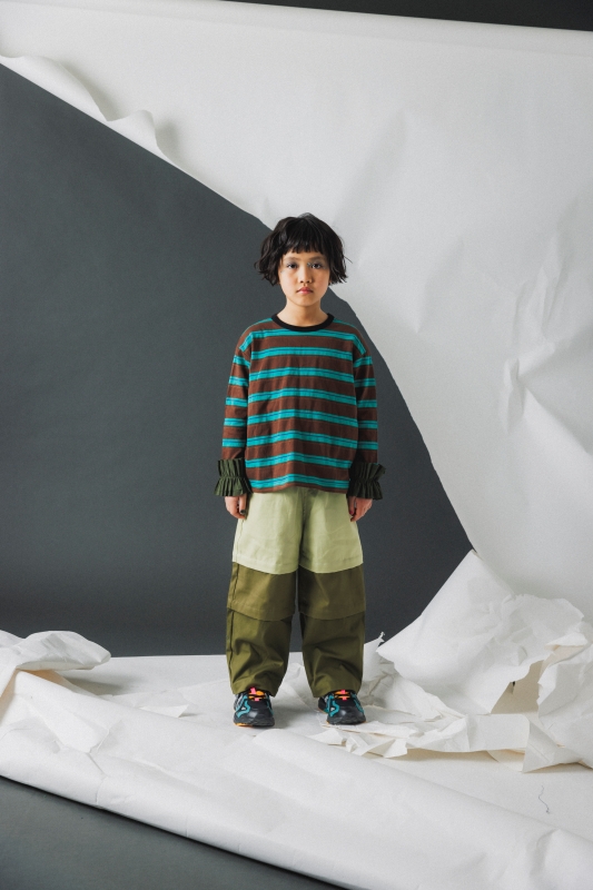 日本伊努伊努 荷葉袖拼接條紋T 大人款 3色