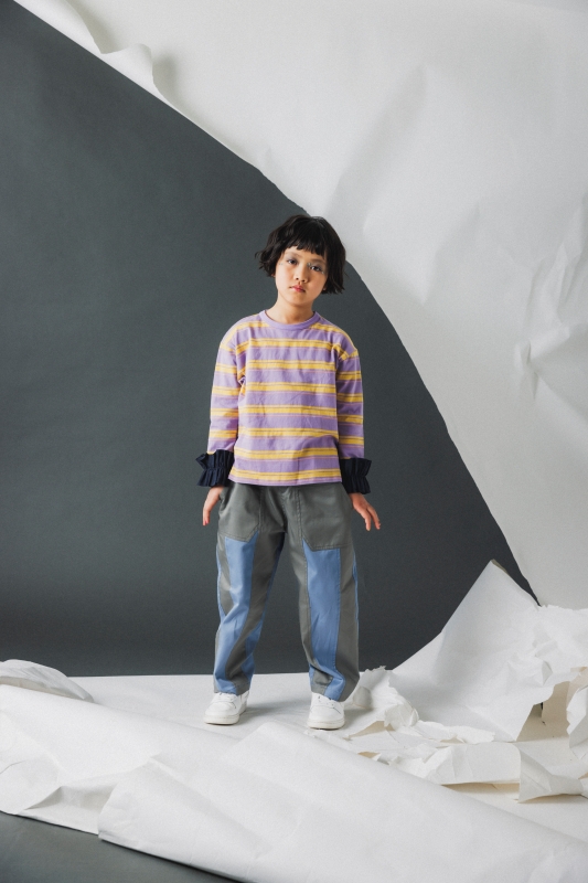 日本伊努伊努 荷葉袖拼接條紋T 大人款 3色