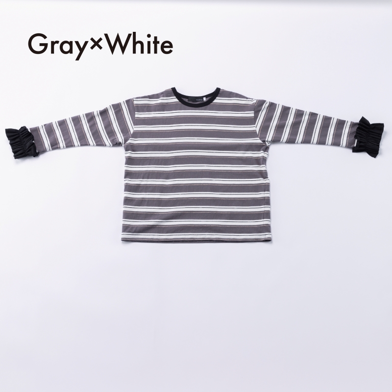 日本伊努伊努 荷葉袖拼接條紋T 大人款 3色