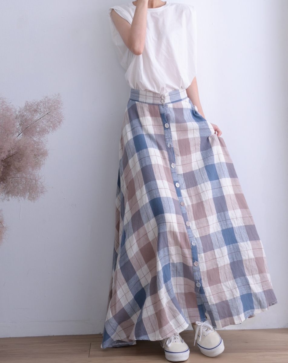 韓 格紋排釦長裙 2色 size