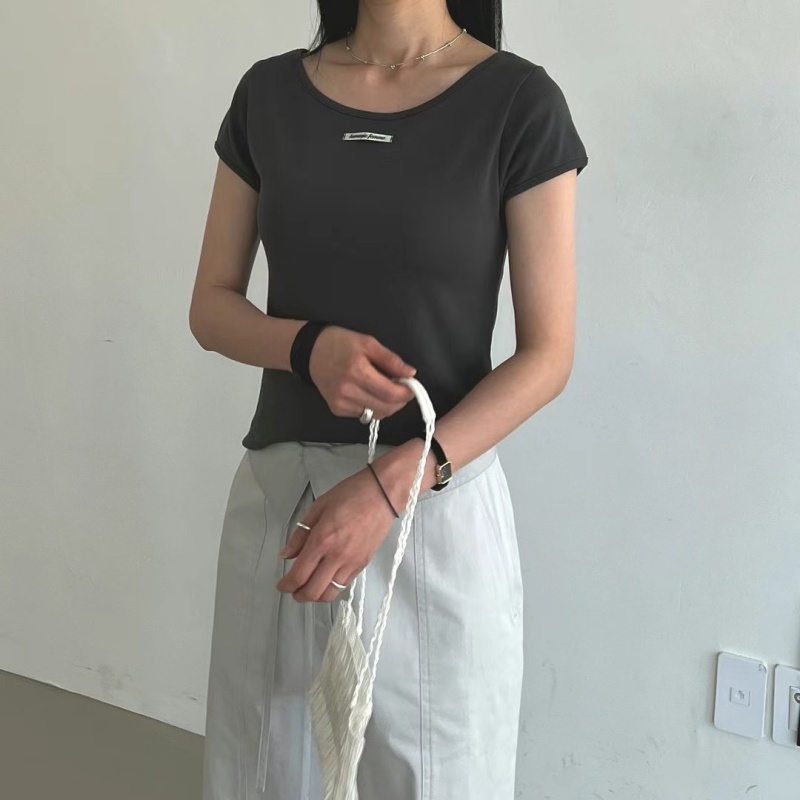 韓  小標圓領素上衣 4色 size