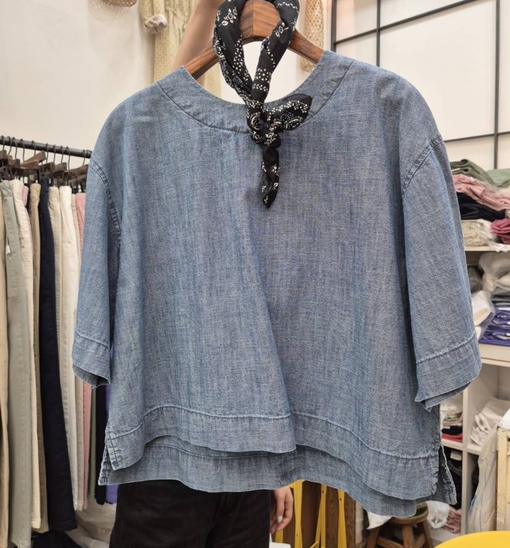 韓 圓領短版牛仔上衣 size