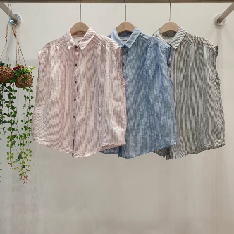 韓 細條紋棉麻半袖襯衫 3色 size