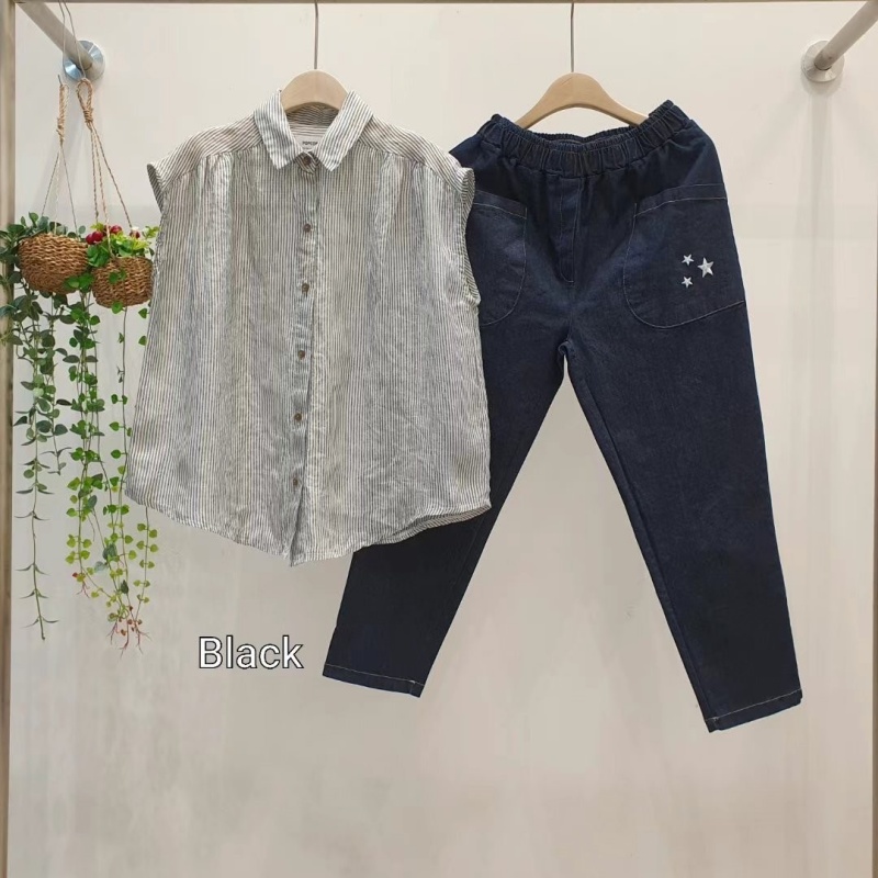 韓 細條紋棉麻半袖襯衫 3色 size