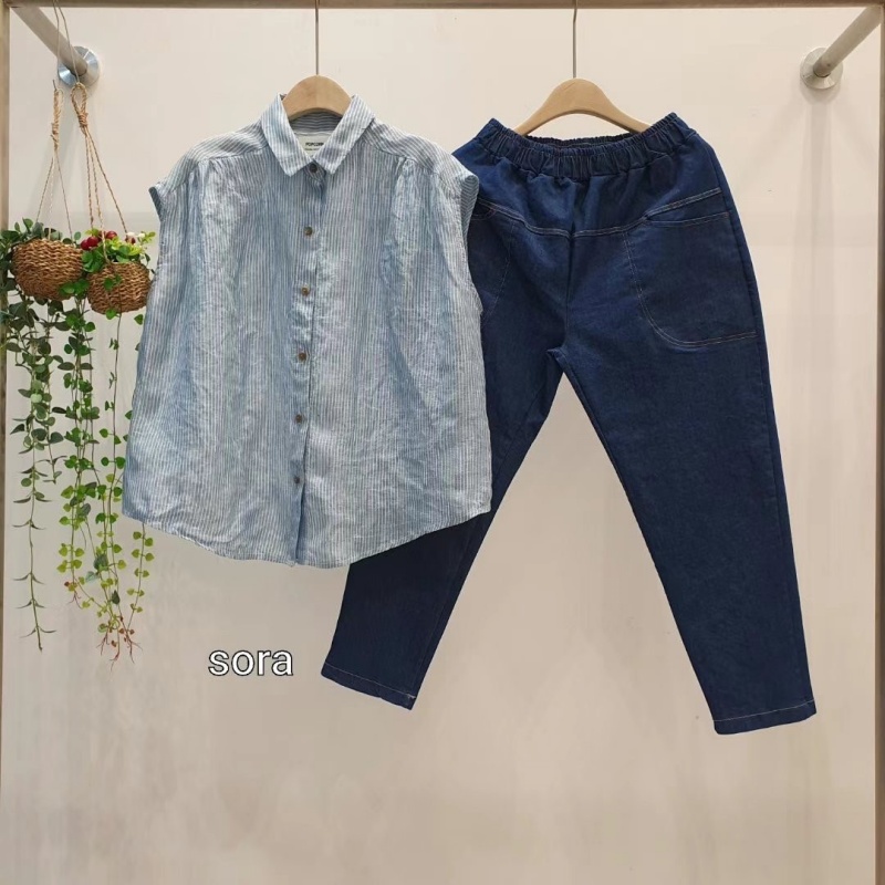 韓 細條紋棉麻半袖襯衫 3色 size