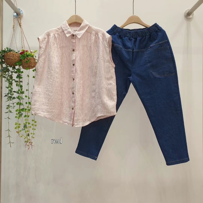 韓 細條紋棉麻半袖襯衫 3色 size