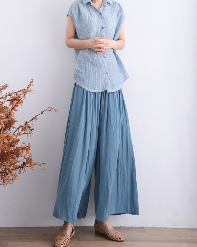 韓 細條紋棉麻半袖襯衫 3色 size