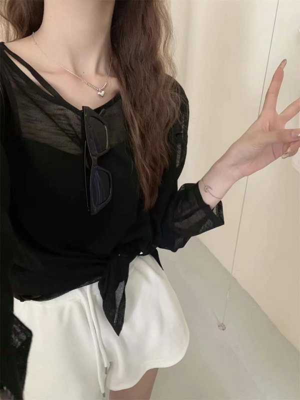 韓 側開岔圓領透膚上衣 8色 size
