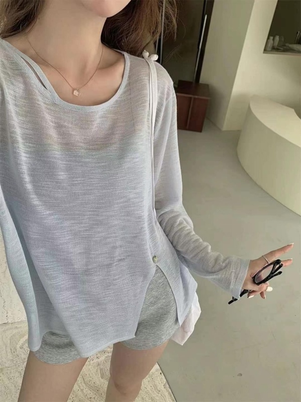 韓 側開岔圓領透膚上衣 8色 size
