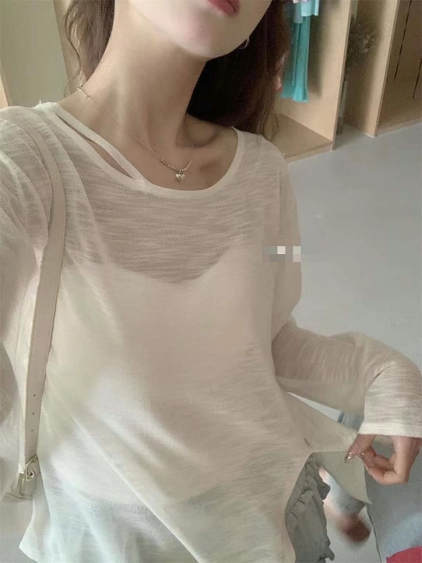 韓 側開岔圓領透膚上衣 8色 size