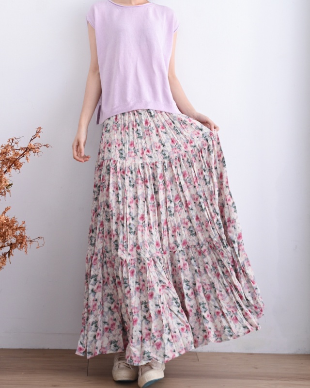 韓 暈染花葉皺皺長裙 3色 size