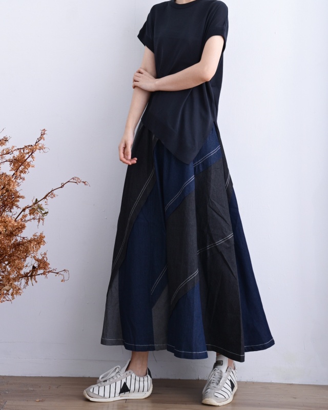 韓 斜拼布牛仔長裙 size