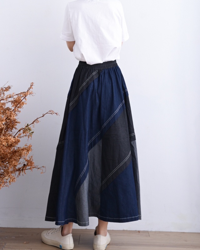 韓 斜拼布牛仔長裙 size